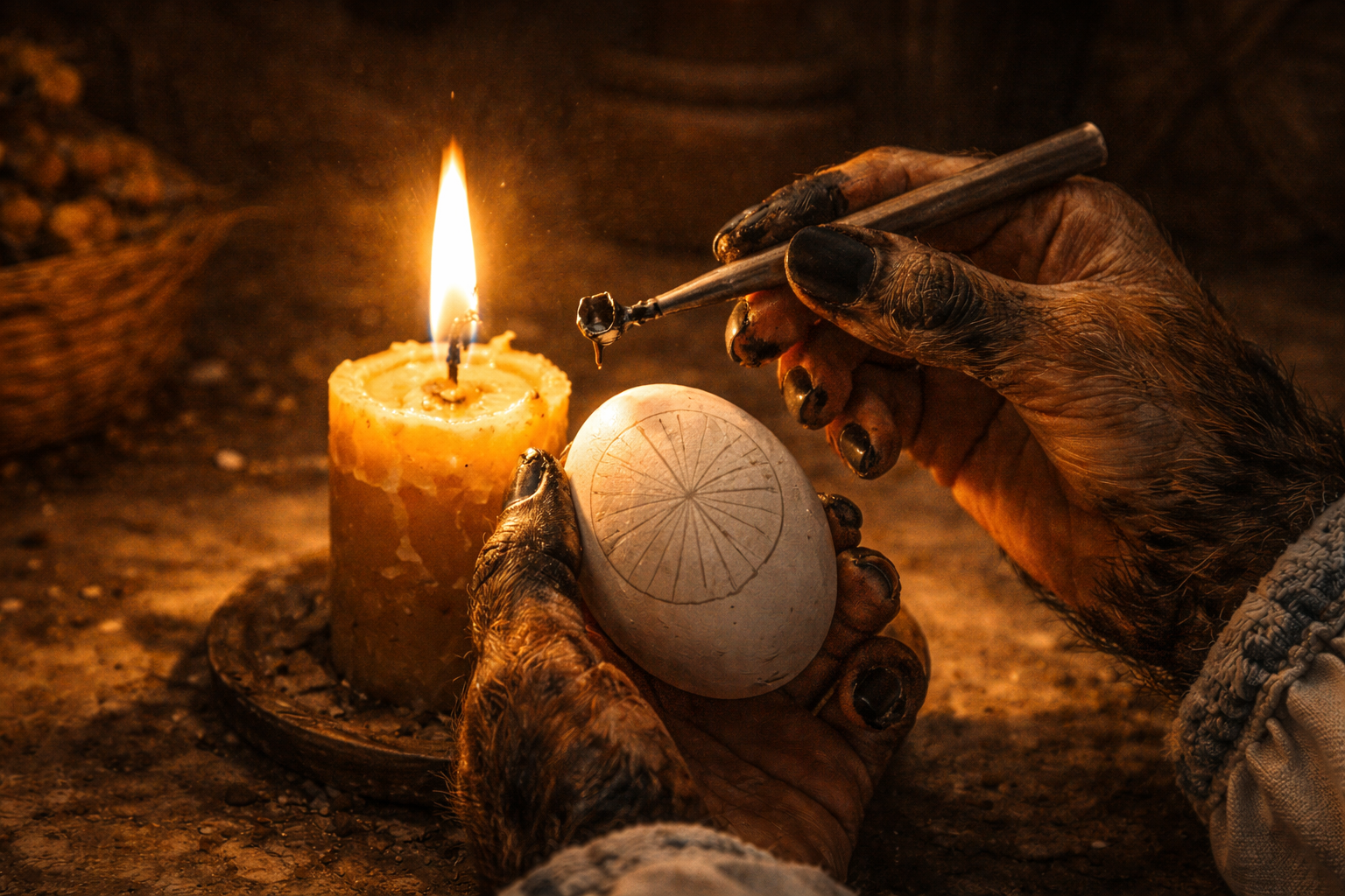Decorating a pysanka by candlelight — the beeswax kistka traces ancestral symbols